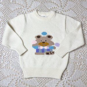 Vintage 1980s Puzzles Girls 6 Years Juggling Bear Cream Knit Pullover Sweater